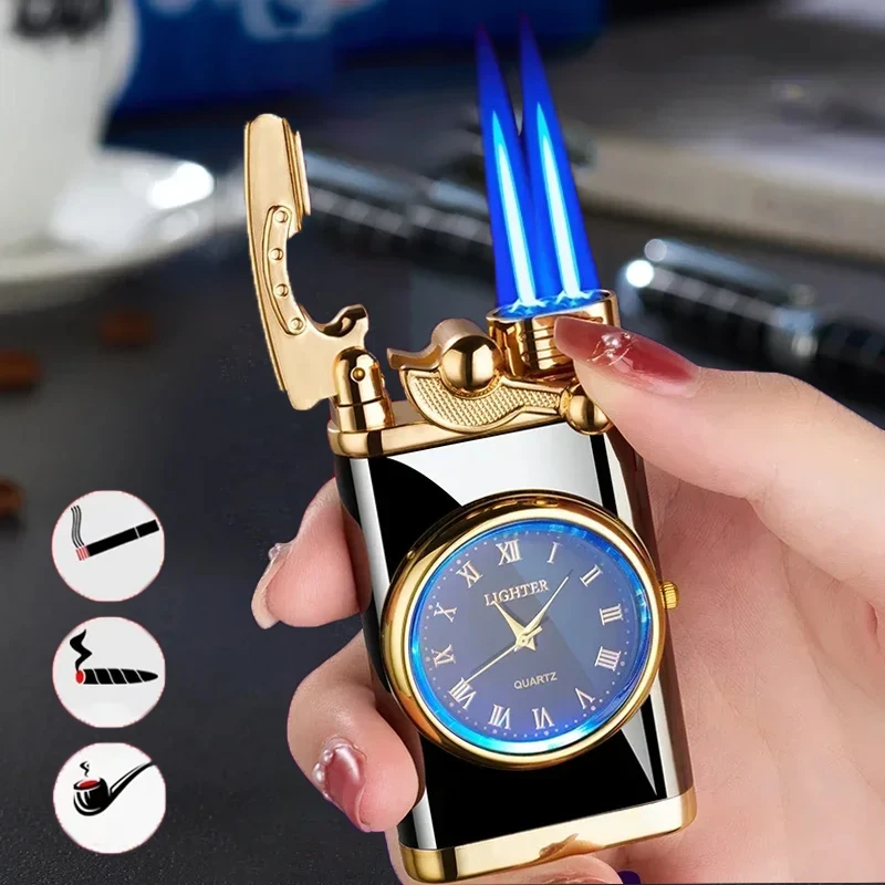 Windproof Inflatable Lighter Watch Cigar Lighter Outdoor Jet Double Tube Men's Small Tool Cigarette Accessories Torch Lighter