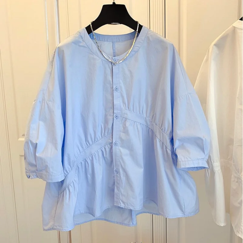 

Summer O-neck Folds Patchwork Buttons Shirt Women Lantern Sleeve Loose Casual Solid Blouse Femme Oversized Blusa