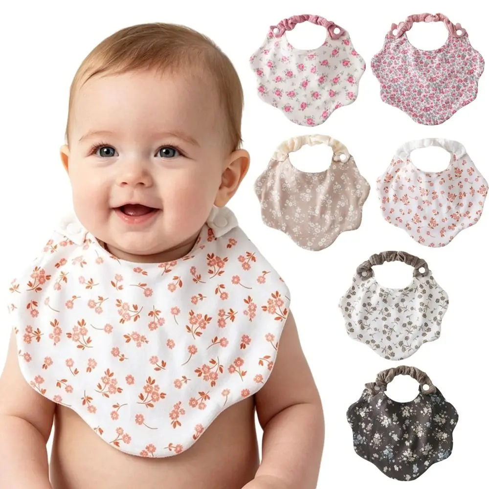 Summer Cotton Gauze Feeding Bib Printed Design 360-Degree Coverage Burp Cloth Floral Pattern Wave Shape Drool Bib For Toddlers