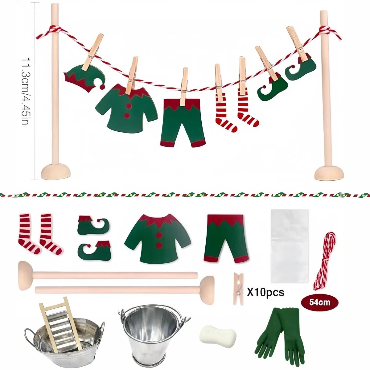 1set Mini Dollhouse Christmas Elf Clothesline Set Miniature Gnome Decoration Accessories Model Christmas Scene Display Prop