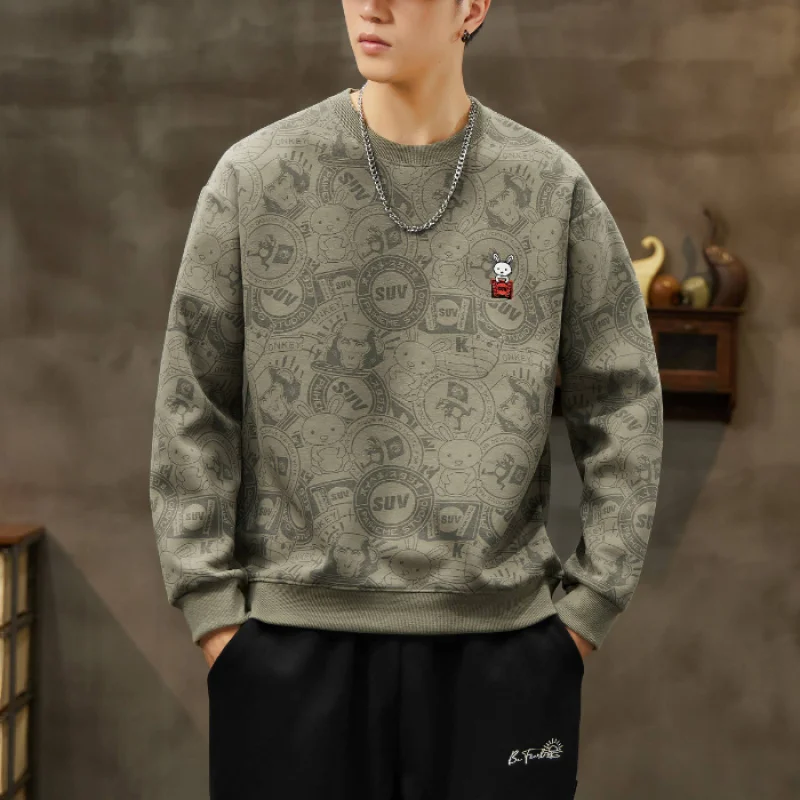 Cartoon print sweatshirt men 2024 new autumn trendy fashion loose elastic round neck long sleeve clothes