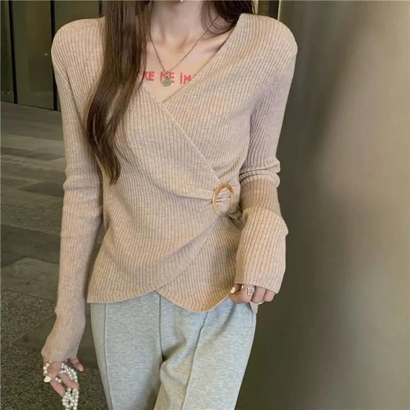 Screw Thread Solid Color Pullover V-Neck Women's Clothing Long Sleeve Rivet Sweater Knitted Casual Elegant Spring Autumn Tops