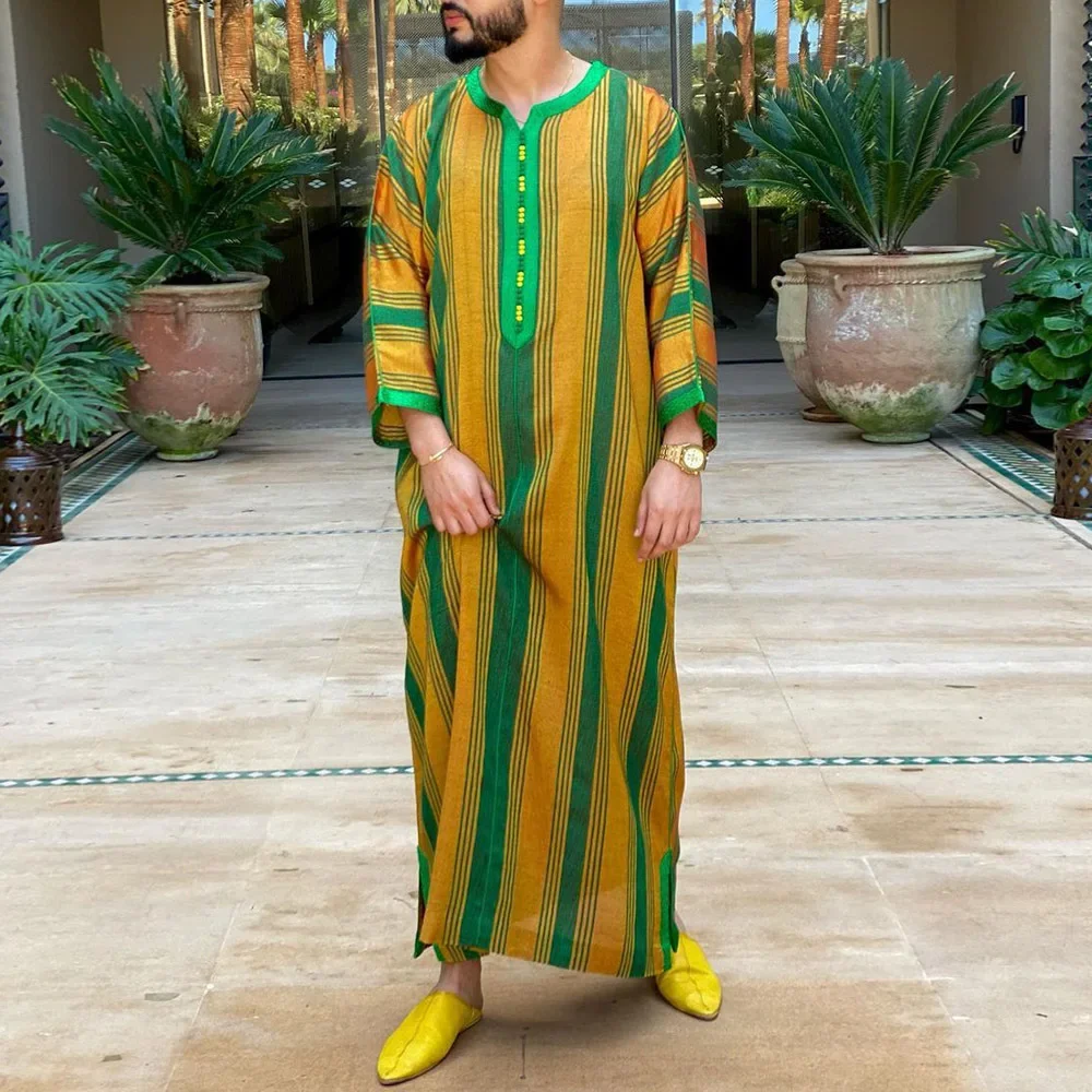 Saudi Arabian Muslim Men Clothing, Arabian, Turkish Muslim, and Indian Abaya Ethnic - Style Striped Color - Blocking Loose Robes