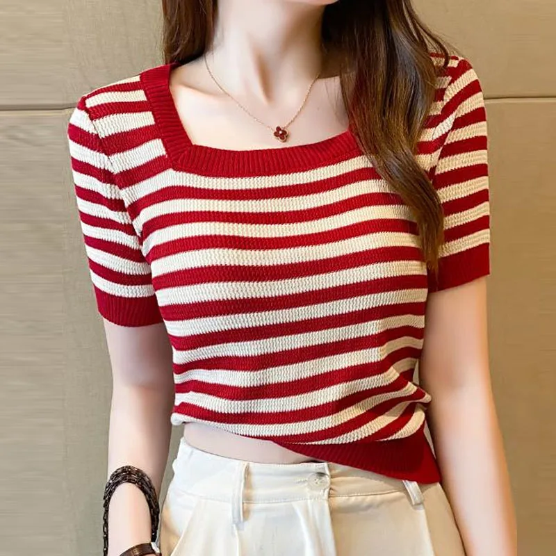

Sweaters Square Collar Knitted Sweater Women Pullovers Knitwears New Short Sleeve Striped Knit Sweater Pullover Women Tops Q3591