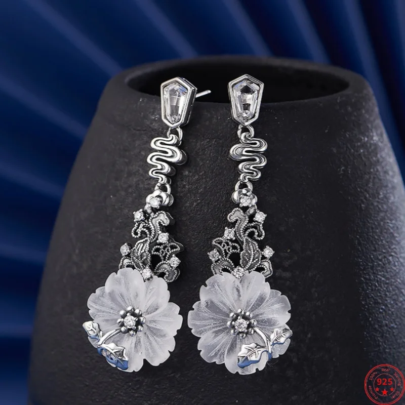

S925 Sterling Silver Drop Earrings for Women Long Tassel Inlaid Peach Blossom Rock Crystal Ear-drop Fashion Jewelry Wholesale