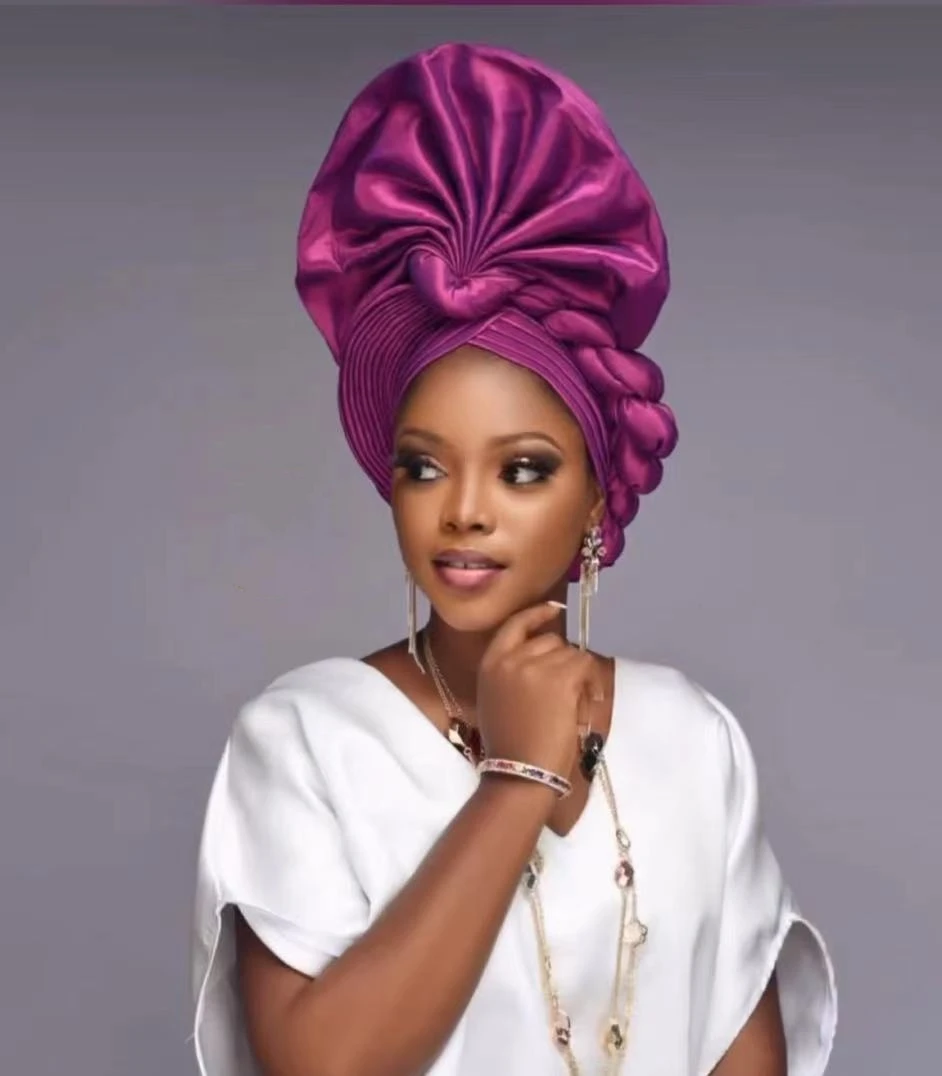 2024 Latest Nigerian Wedding Women Auto Gele Turban already Made to Hand Folding Fan Laminated African Headtie Cap Z531-1