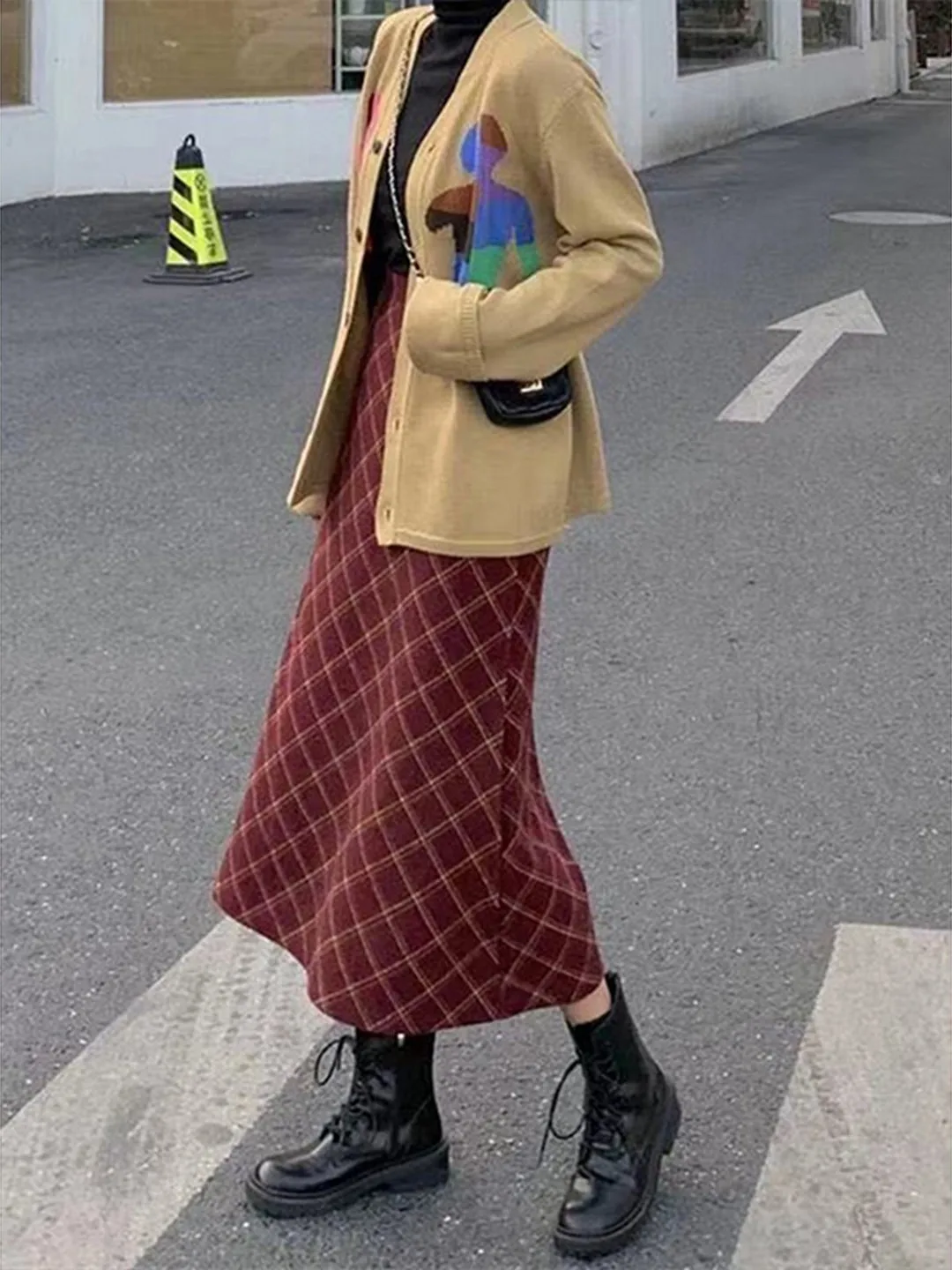 Cintura alta meados de comprimento de lã xadrez saia feminina outono inverno thiened a linha saia versátil vermelho id saia retro sle
