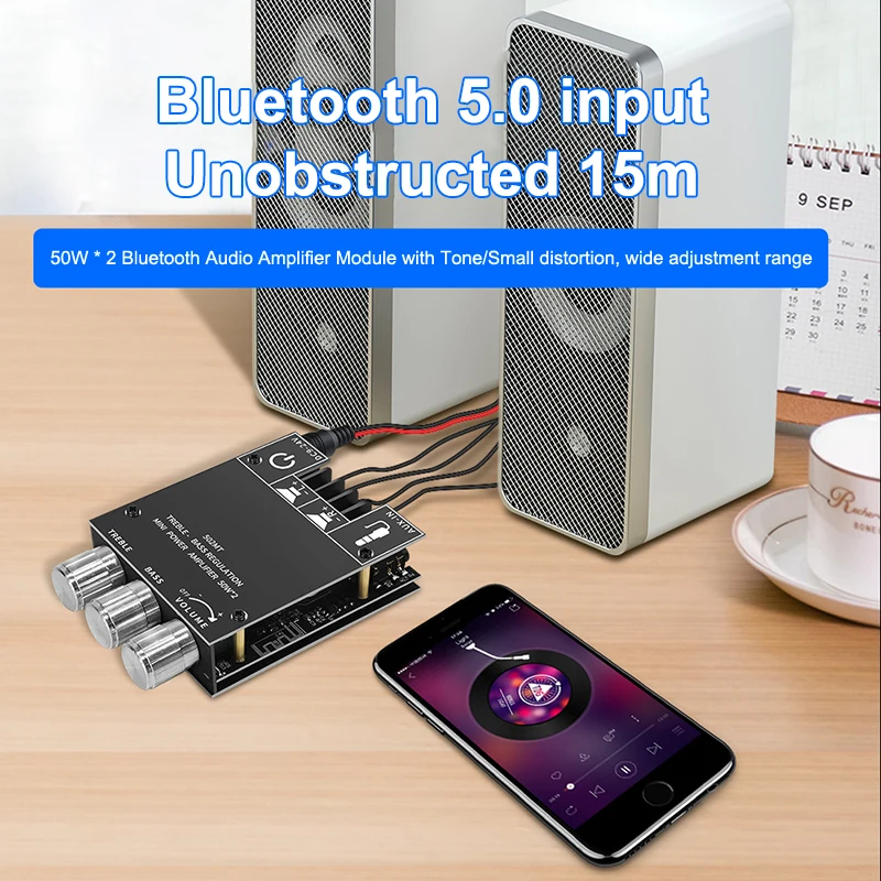 

ZK-502MT Bluetooth 5,0 Плата усилителя сабвуфера 2,0-канальная плата стереоусилителя высокой мощности 2X50 Вт Bass AMP