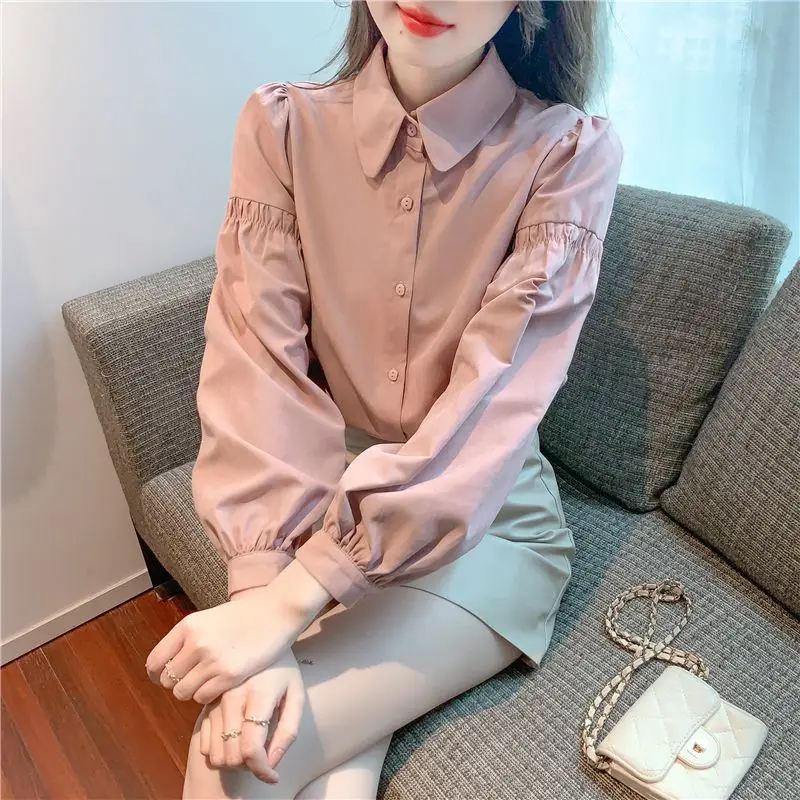 Fashion Loose Lapel Solid Color Folds Lantern Sleeve Shirts Women Clothing 2023 Autumn Oversized Casual Tops Office Lady Blouses