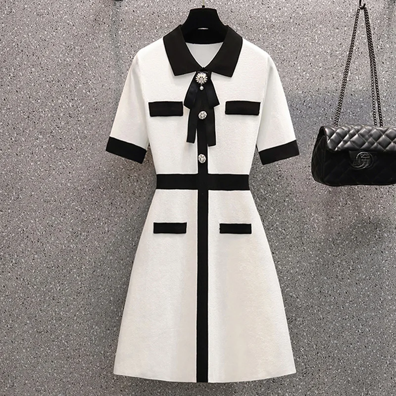 Knitting Women Beading dress 2024 Autumn Winter Long sleeve Polo Collar dress bow black mini female Sweater dresses vestido robe