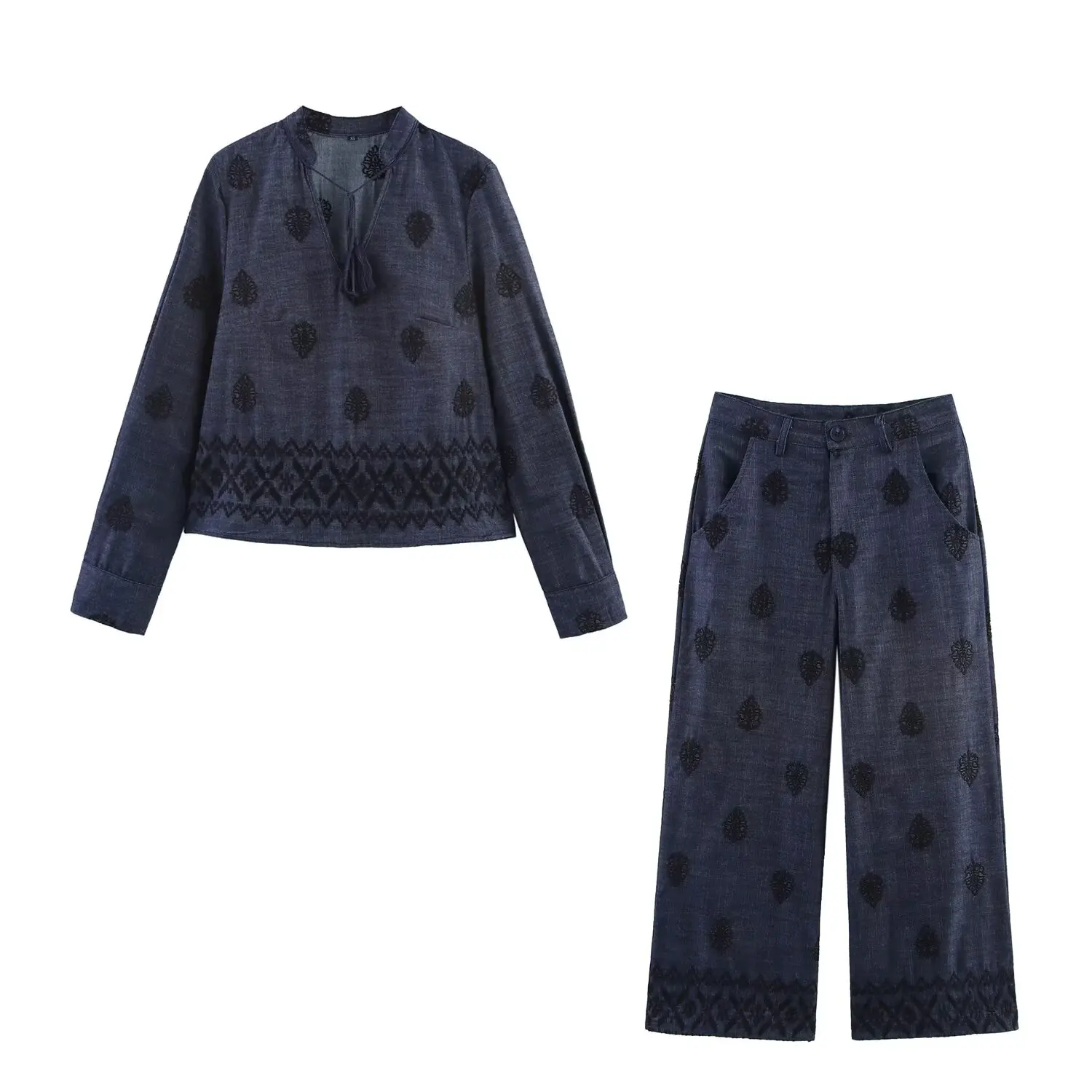 JNLEAOG Herfst Nieuwe vrouwen Wijde Pijpen Broek Geborduurde Bal Decoratie Top Ademend Polyester Lange Sve V-Ne irt