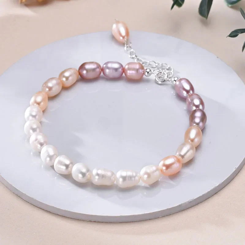 YWYC 6-7mm Rice Shape Freshwater Pearl Bracelet Pink Purple Mix Color S925 Sterling Silver Chain Women's Hand Bracelet Jewelry