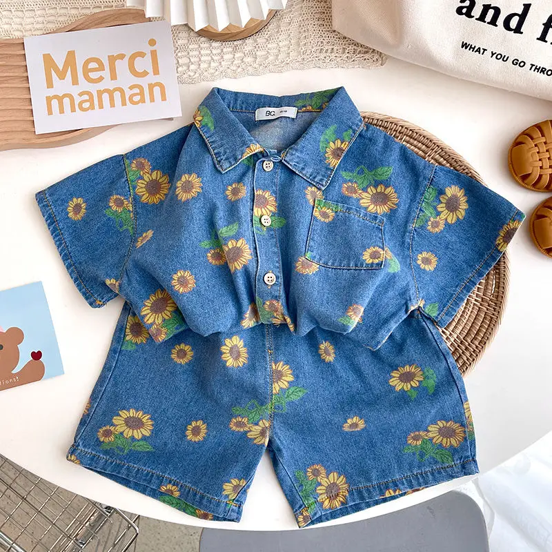 

Summer Baby Boys Outfits Sets Toddler Girls Sunflower Printed Short Sleeve T-shirts + Shorts 2pcs Suits Set Kids Denim Clothing