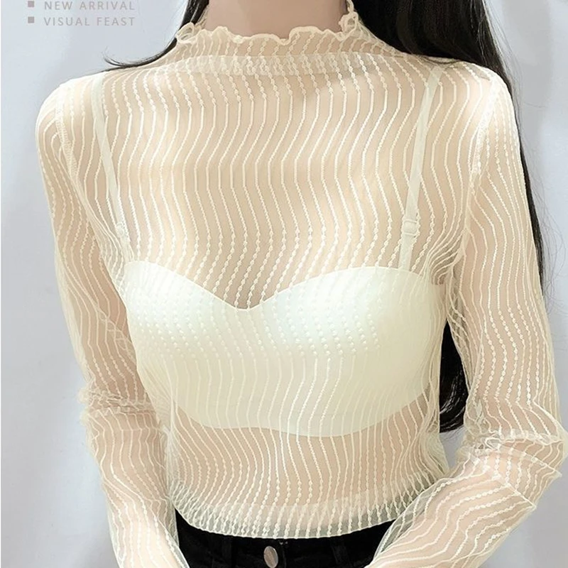 Malha sólida ver através de blusas femininas protetor solar roupas sexy oco manga longa gola alta transparente topo branco camisa de festa
