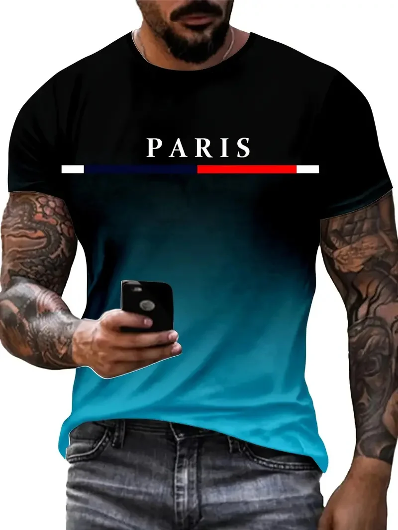 Summer men's gradient Paris letter 3D printed T-shirt for outdoor sports quick drying short sleeved top plus size men's clothing