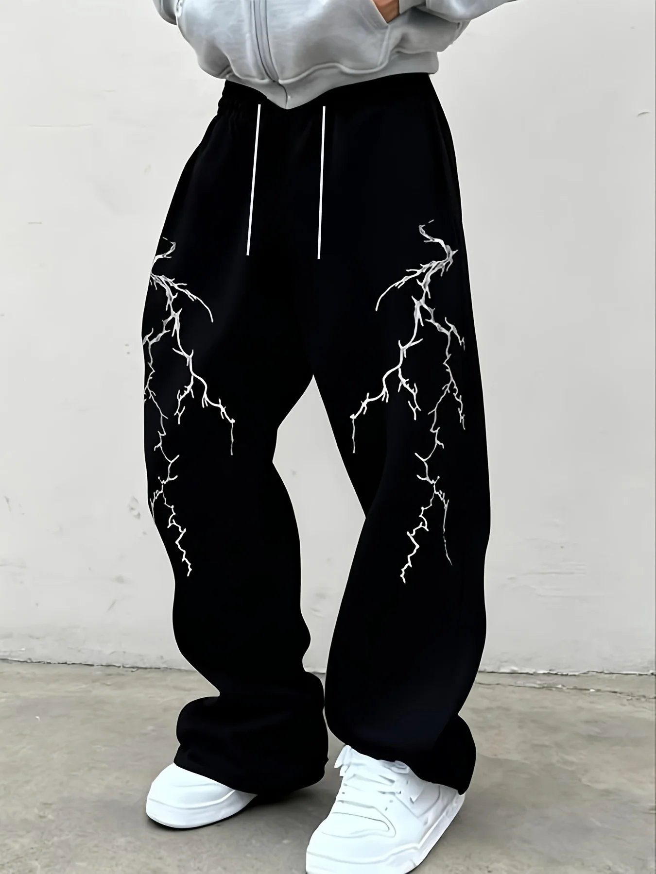 Dark Style Summer Men's Cotton Pants, Black Jogging Pants, Lightning Printed Casual Pants, Elastic Waist Drawstring Pants, Adult
