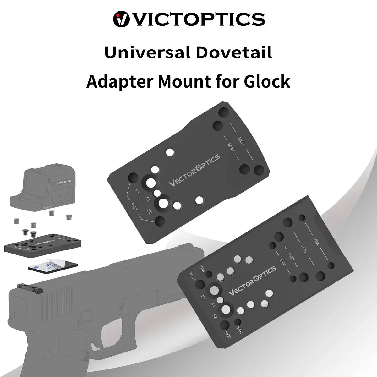 Victoptics Adaptador Dovetail MOJ/MGT/TEK/GIN para Glock, montaje universal de alza trasera 2-en-1 / 4-en-1, compatible con R.M.