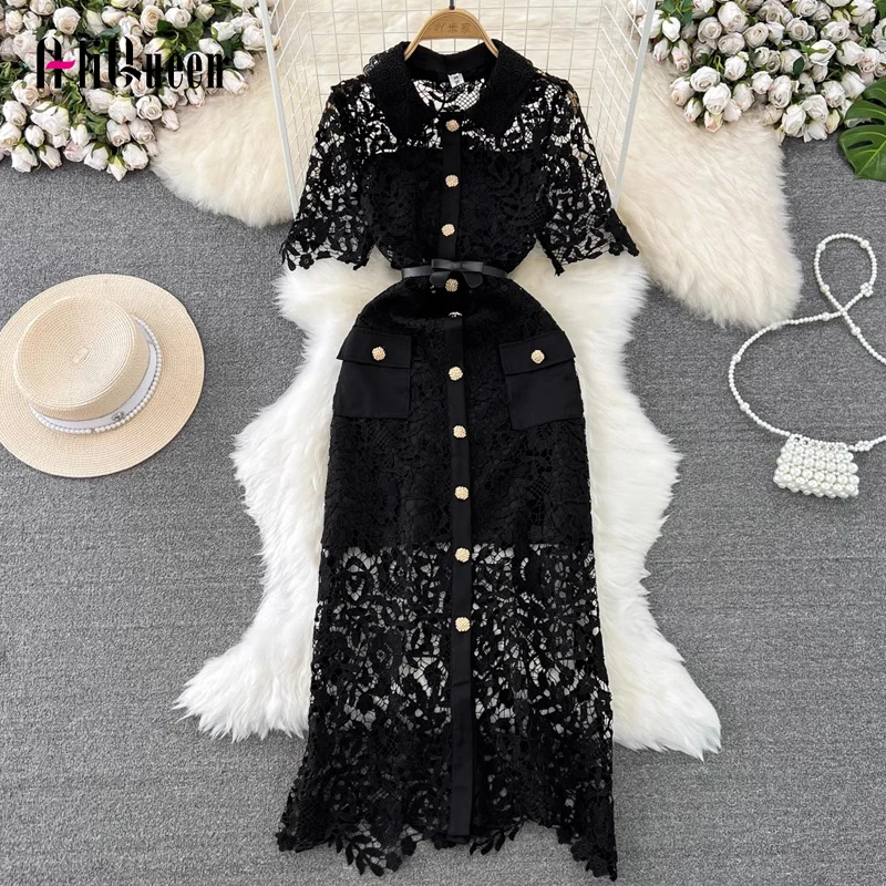 

Small Fragrance Women Lace Hollow Out Long Dress Elegant Summer Embroidery Single Breasted Black Straight Dress Party Vestidos