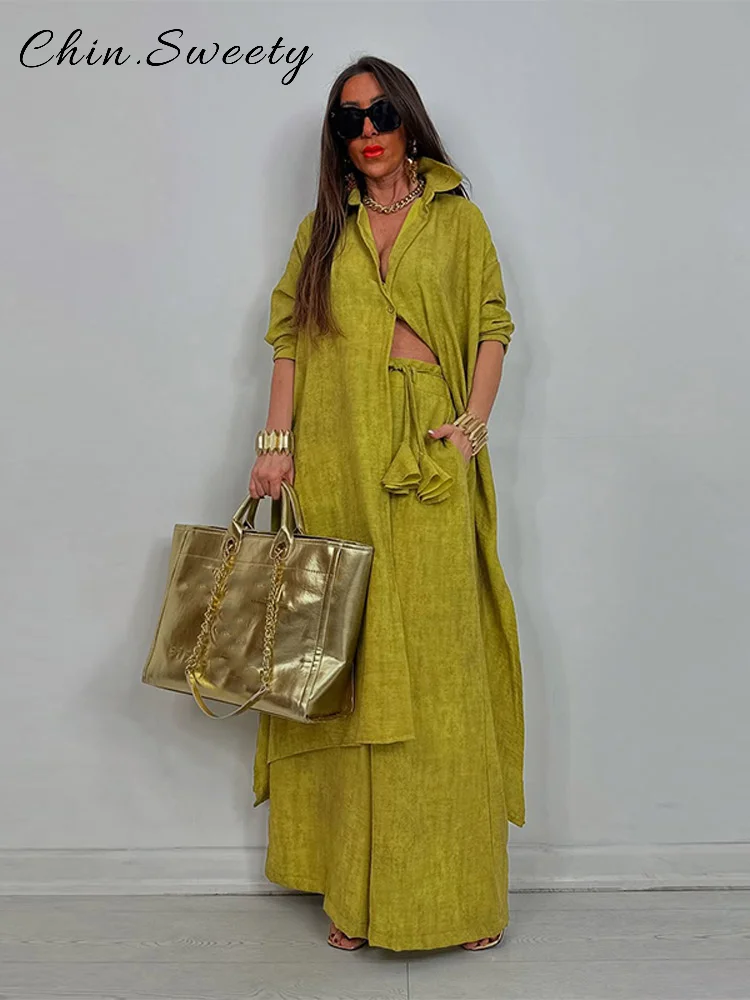 

Fashion Trousers Sets Women Loose Solid Lapel Full Sleeve Shirt High Waist Wide Leg Pant 2025 Spring Summer Lady Streetwears New