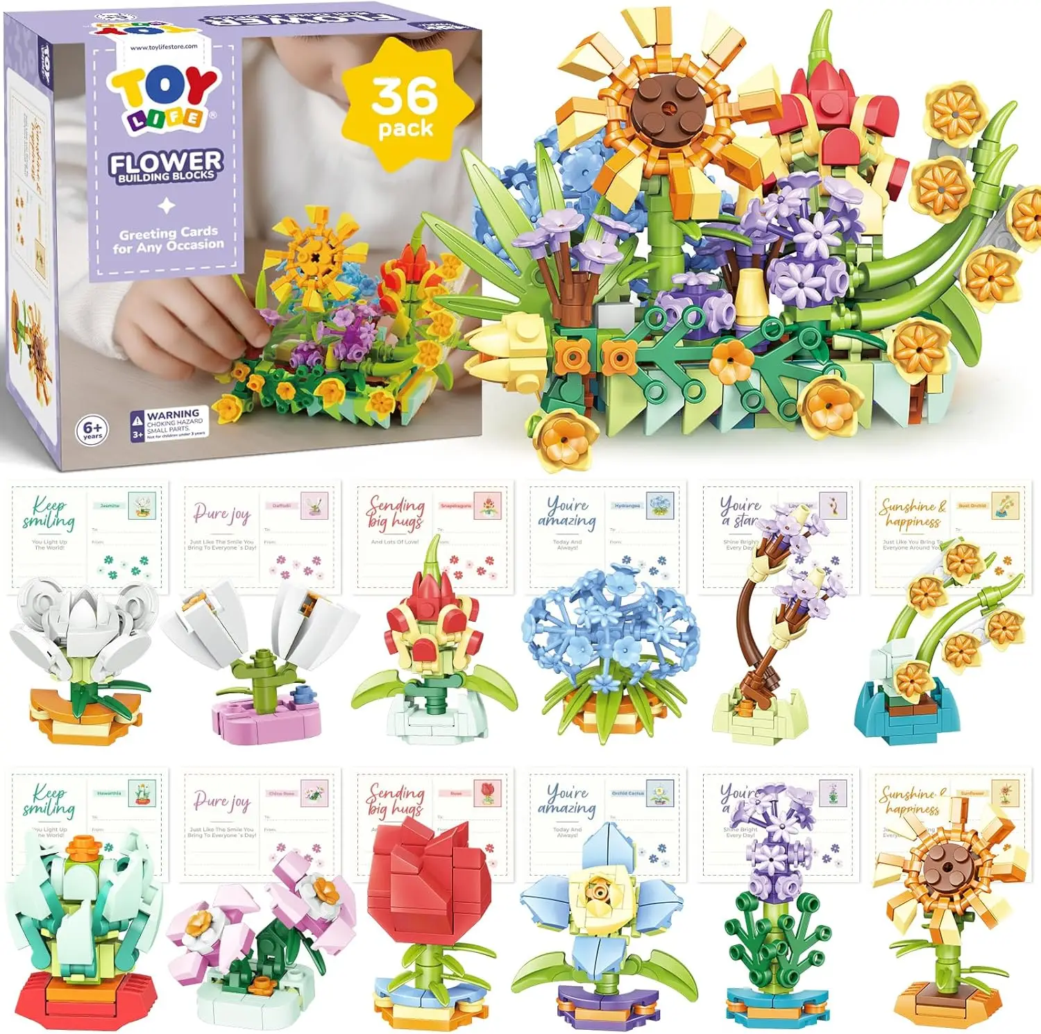 

36 Pack Party Favors for Kids, Tiny Plants Mini Flowers Building Blocks Set with Gift Cards, Creative Educational Toy for