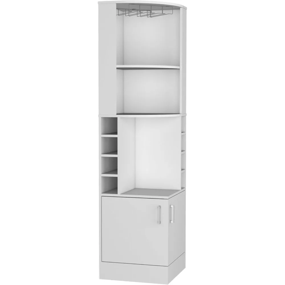 خزانة بار زاوية بيضاء مع رف زجاجي وأبواب مزدوجة وثمانية رفوف نبيذ مدمجة