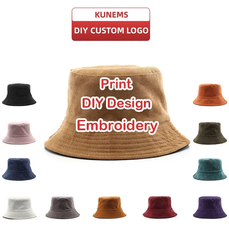 KUNEMS Custom Hat Logo Print Corduroy Bucket Hat for Men and Women Brand Design Embroidery DIY Summer Fisherman Cap Unisex