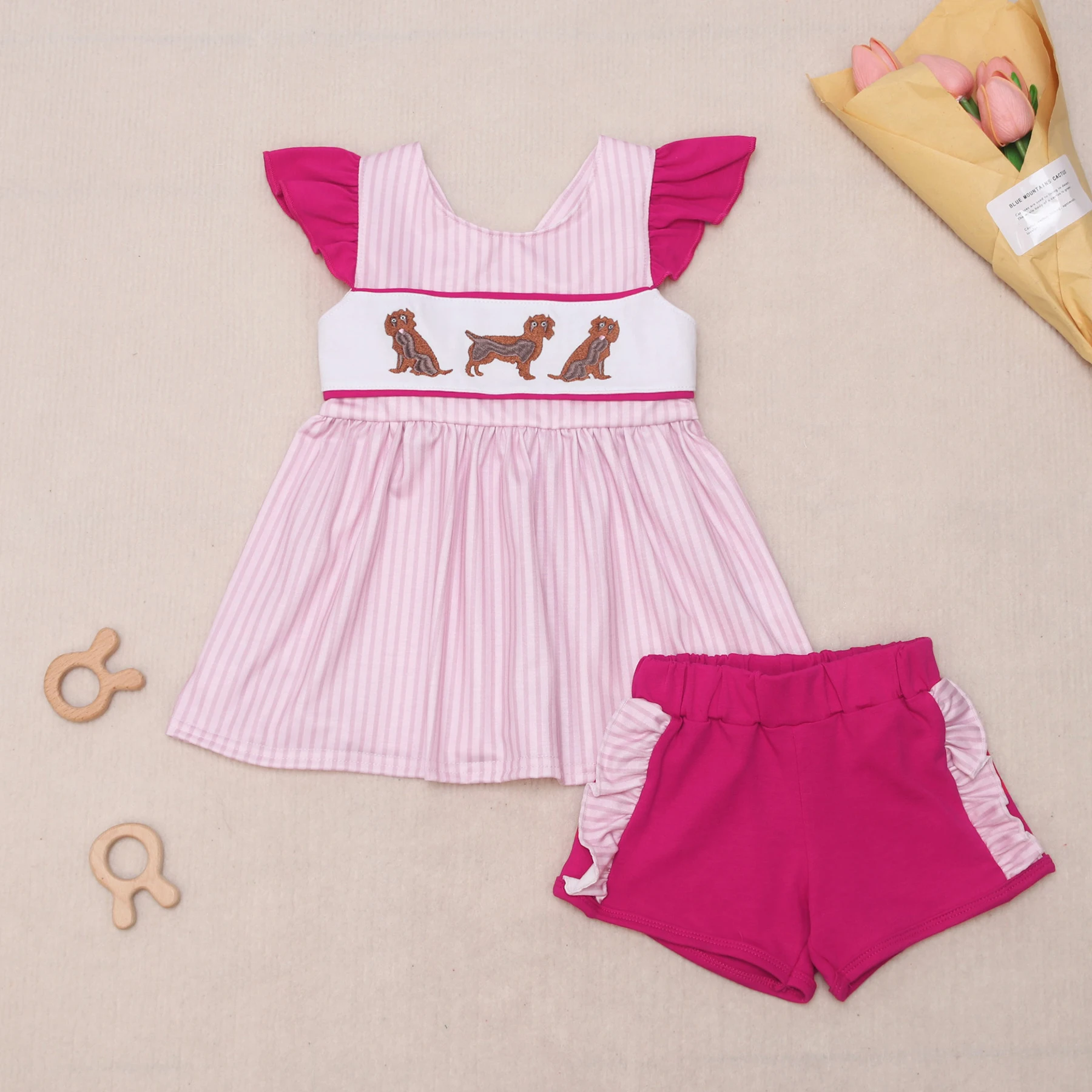 Boutique Baby Kids Girl Pink Short Sleeved Boy Blue T-shirt Set Round Neck Puppy Embroidery Top Clothes And Latice Short Suit