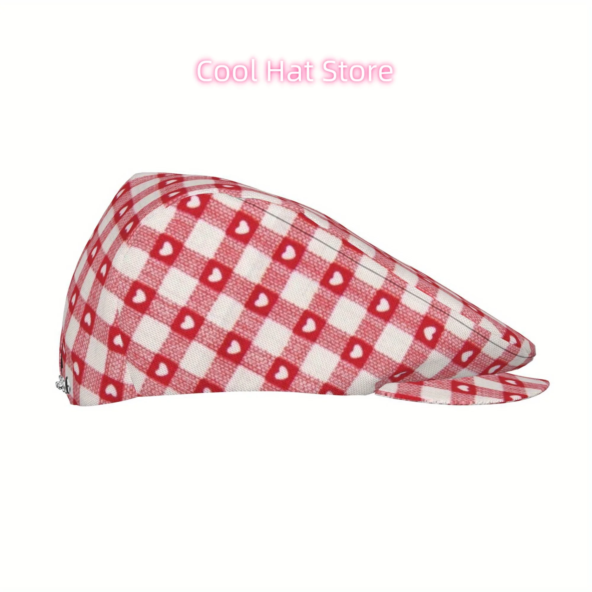 1pc Red & White Heart Checkerboard Flat Cap - Adjustable Newsboy Beret Ivy Cabbie Hat, Lightweight Polyester Irish Wedding, Form