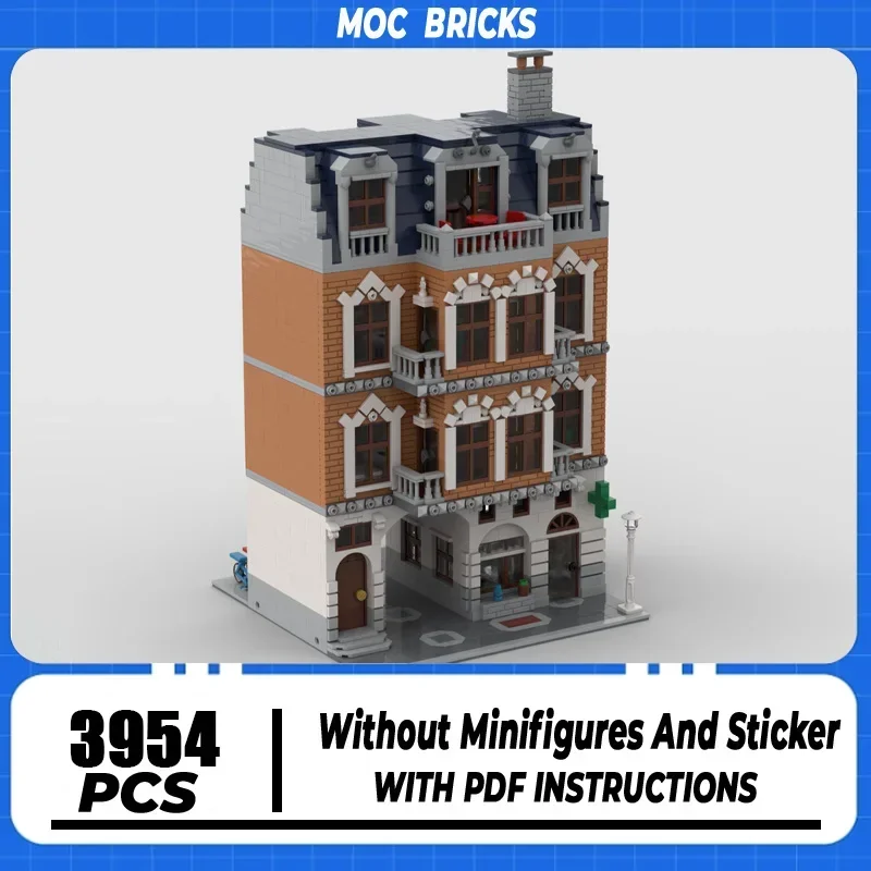 

Строительные блоки Moc, современный старый город, аптечная модель, технология, кирпич, город, вид на улицу, сделай сам, строительная игрушка для праздничных подарков