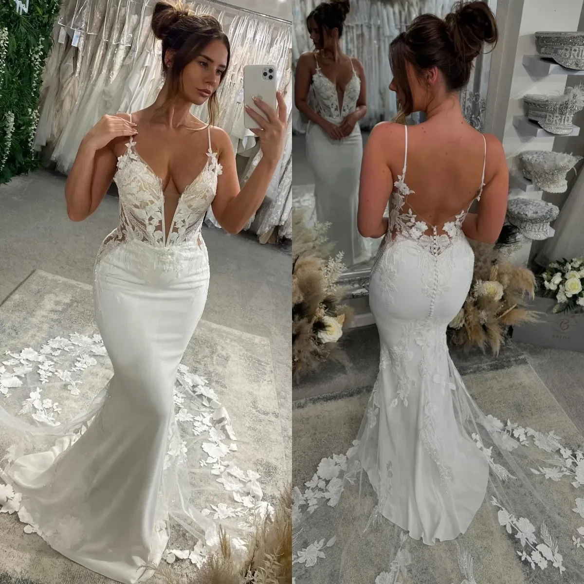 

Customized Gorgeous Lace Mermaid Wedding Dresses Sheer Neck Spaghetti Wedding Dress Appliqued Button Back Bridal Gowns