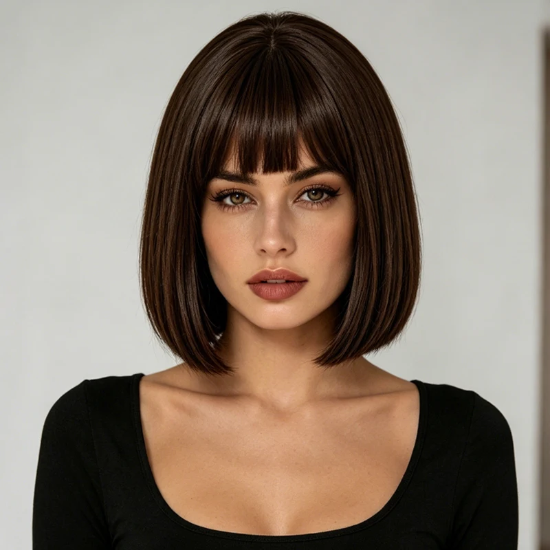 Natural dark brown bob wig, 12-inch straight hair with neat bangs, women's synthetic short hair, minimalist style, everyday wig.