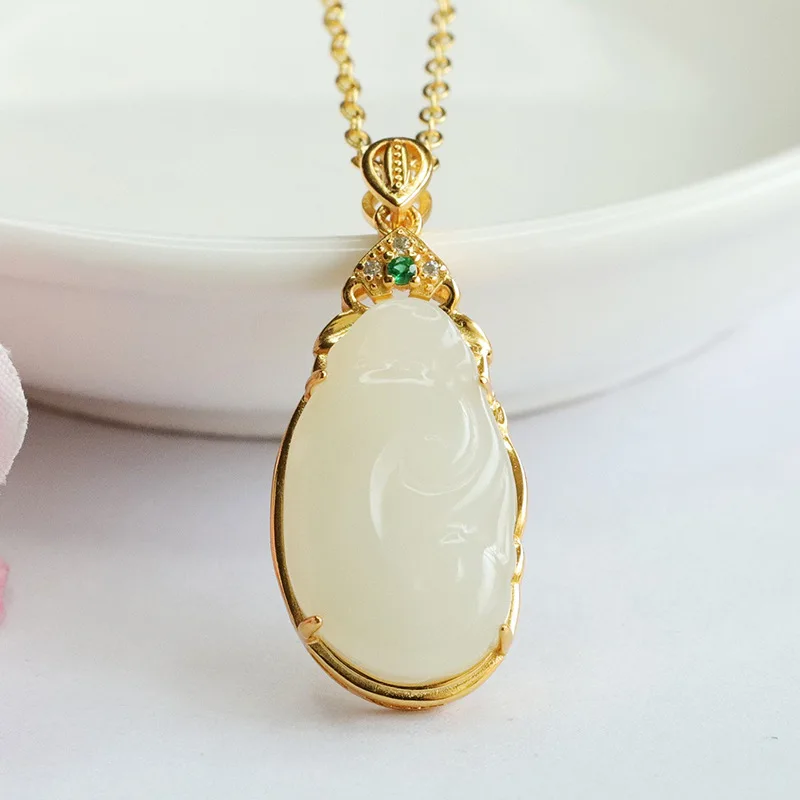 

S925 серебряный инкрустированный кулон из натурального нефрита Хэтянь, ожерелье из белого нефрита Ruyi