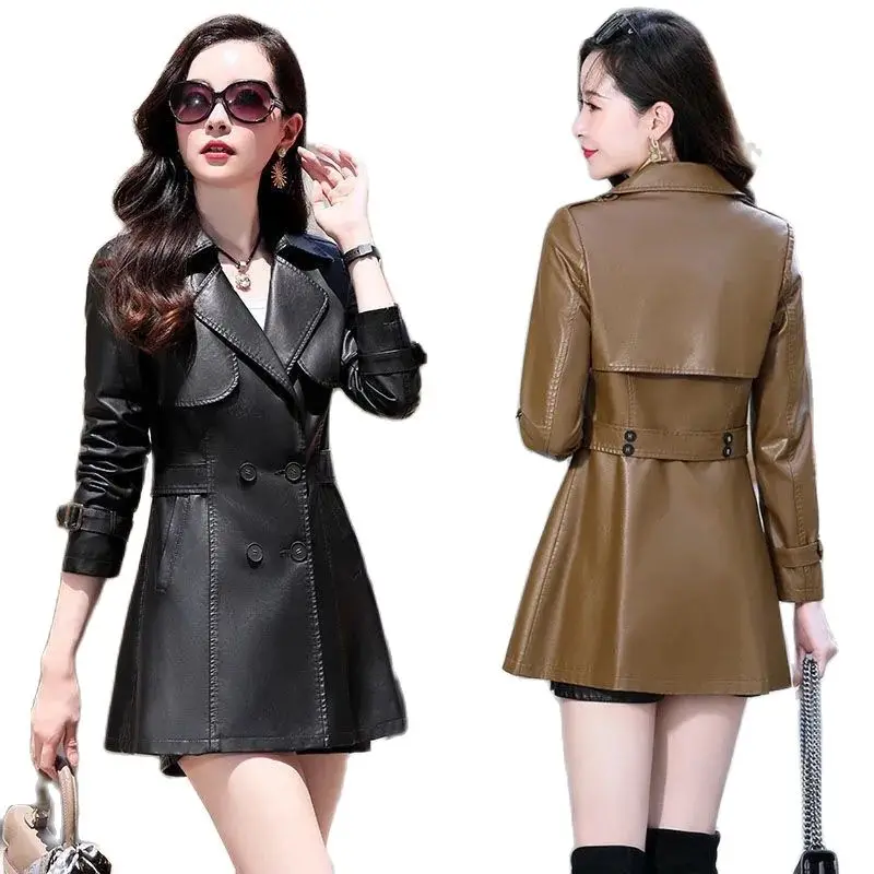 Female Leather Jacket Autumn Winter New Korean Version Medium Long Windbreaker Slim Fit Locomotive Leather Coats Women's Top