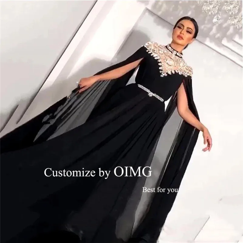 OIMG Shiny Crystal Black Chiffon Muslim Arabic Women Evening Dresses Long Cape Sleeves High Neck Sash Formal Party Prom Gowns