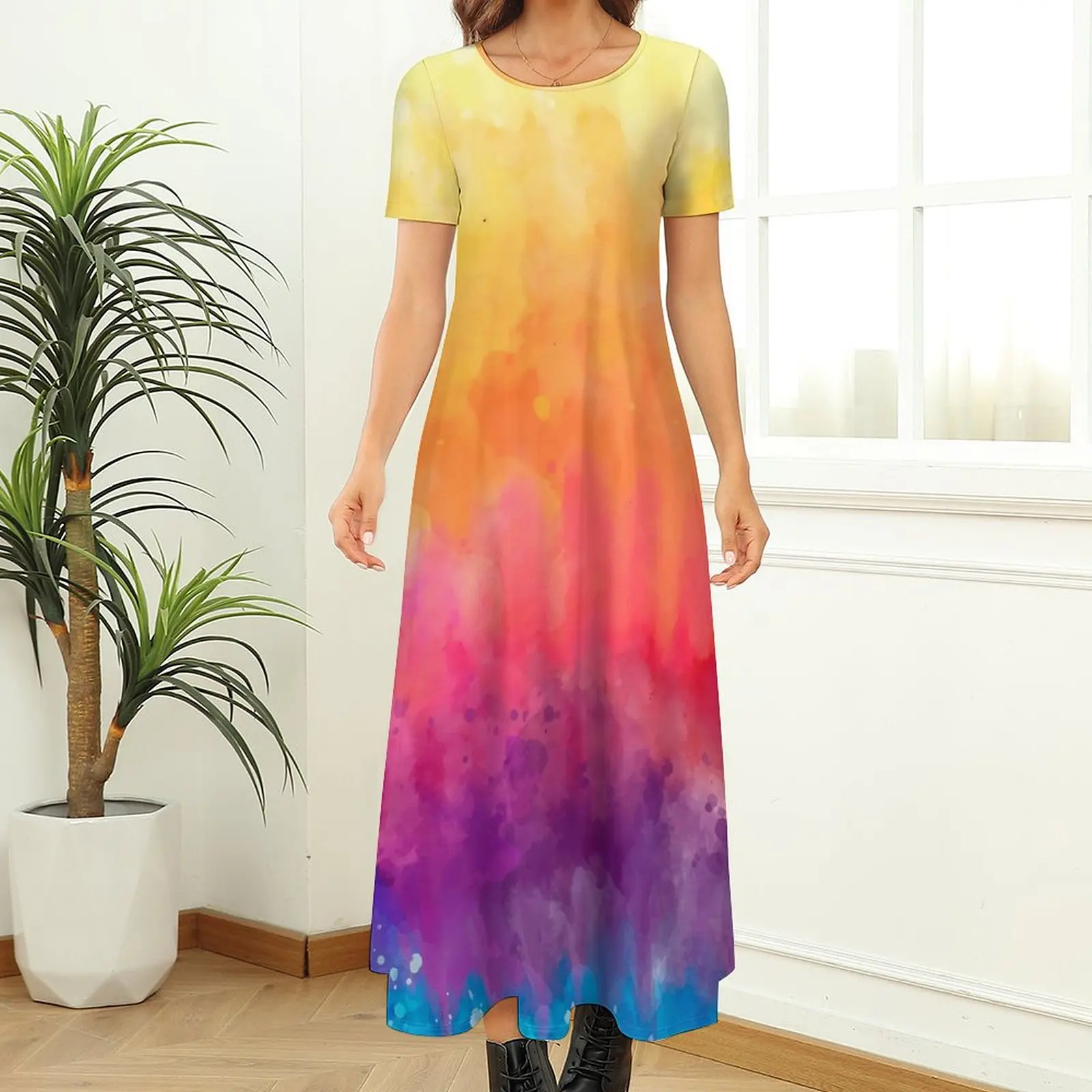 Vestido Maxi de Tie Dye Colorido Feminino, Manga Curta, Kawaii, Estético, Boho, Praia, Vestidos Longos, Laranja, Vermelho, Roxo, 5XL, 6XL, 7XL