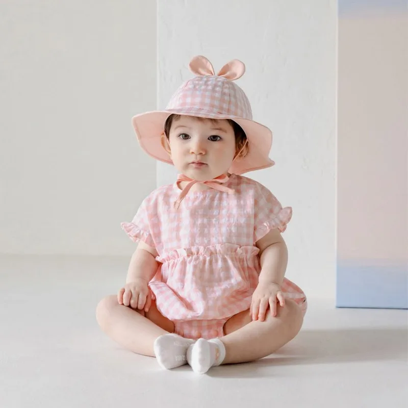 ZOETOPKID Baby Bodysuit Summer Clothes Girls Lotus Leaf Sleeves Plaid Fart Jumpsuit Sun Hat Baby Summer Outside Casual Romper