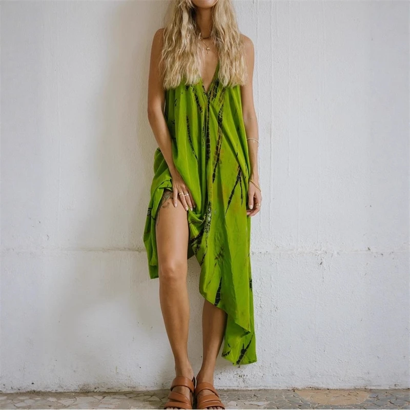 Backless Hollow-Out Holiday Long Dress V-Neck Sleeveless Irregular Hem Floral Print Suspender Style For Women Beach Party Summer