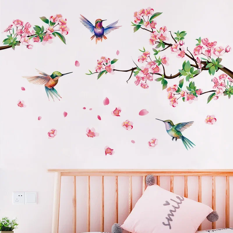 Tree Branches Pink Peach Blossoms Flowers Birds Wall Stickers For Bedrooms Living Rooms Background Walls Decorative