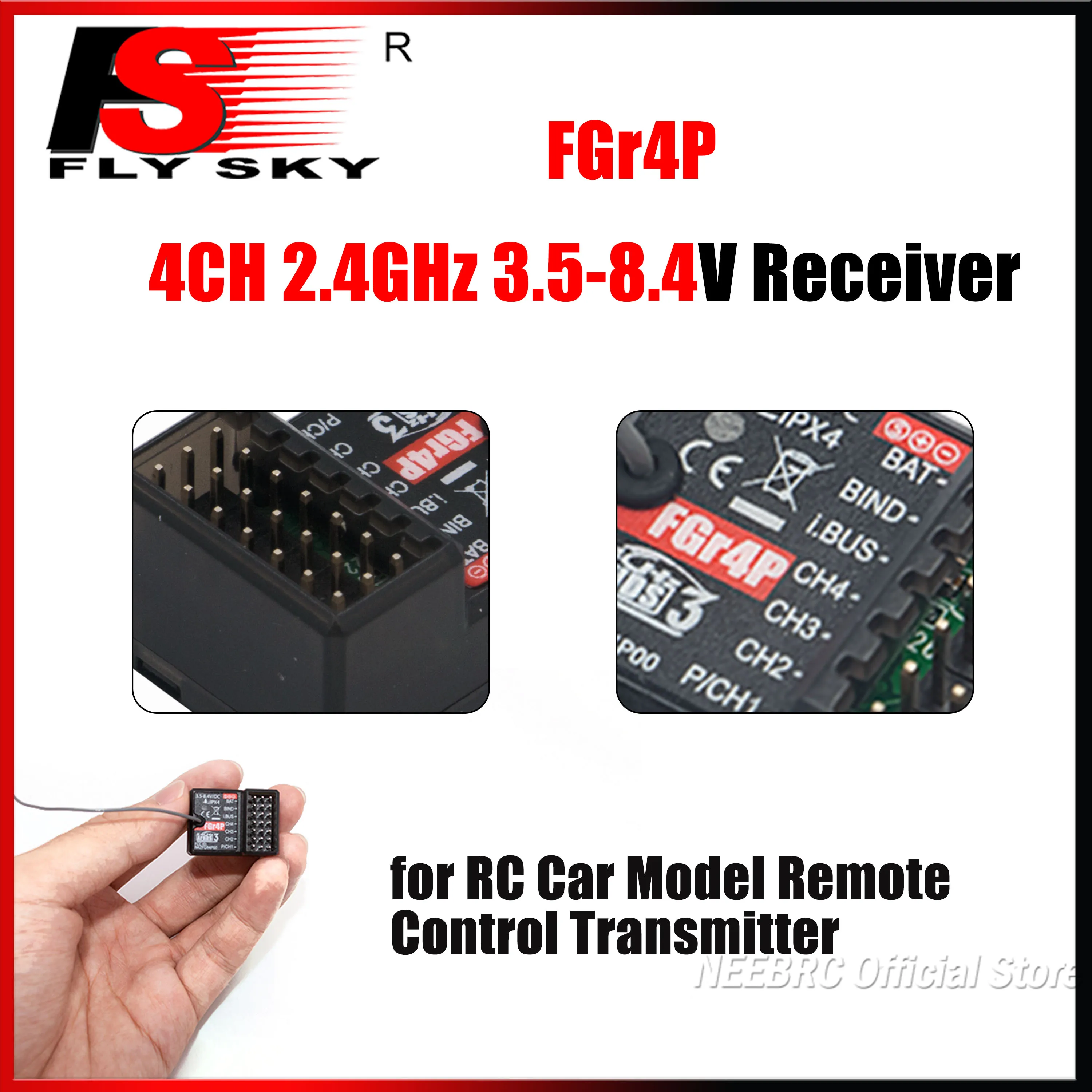 FLYSKY FGr4P 4CH 2.4G Mini Receiver 3.5-8.4V Single Antenna AFHDS3 Remote Radio System for RC Car Model Controller Transmitter