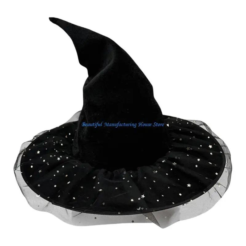 

E56A Sparkling Gold Star Embellishment Witch Hat Breathable Meshes Role Play Hat Role Playing Costume Accessory