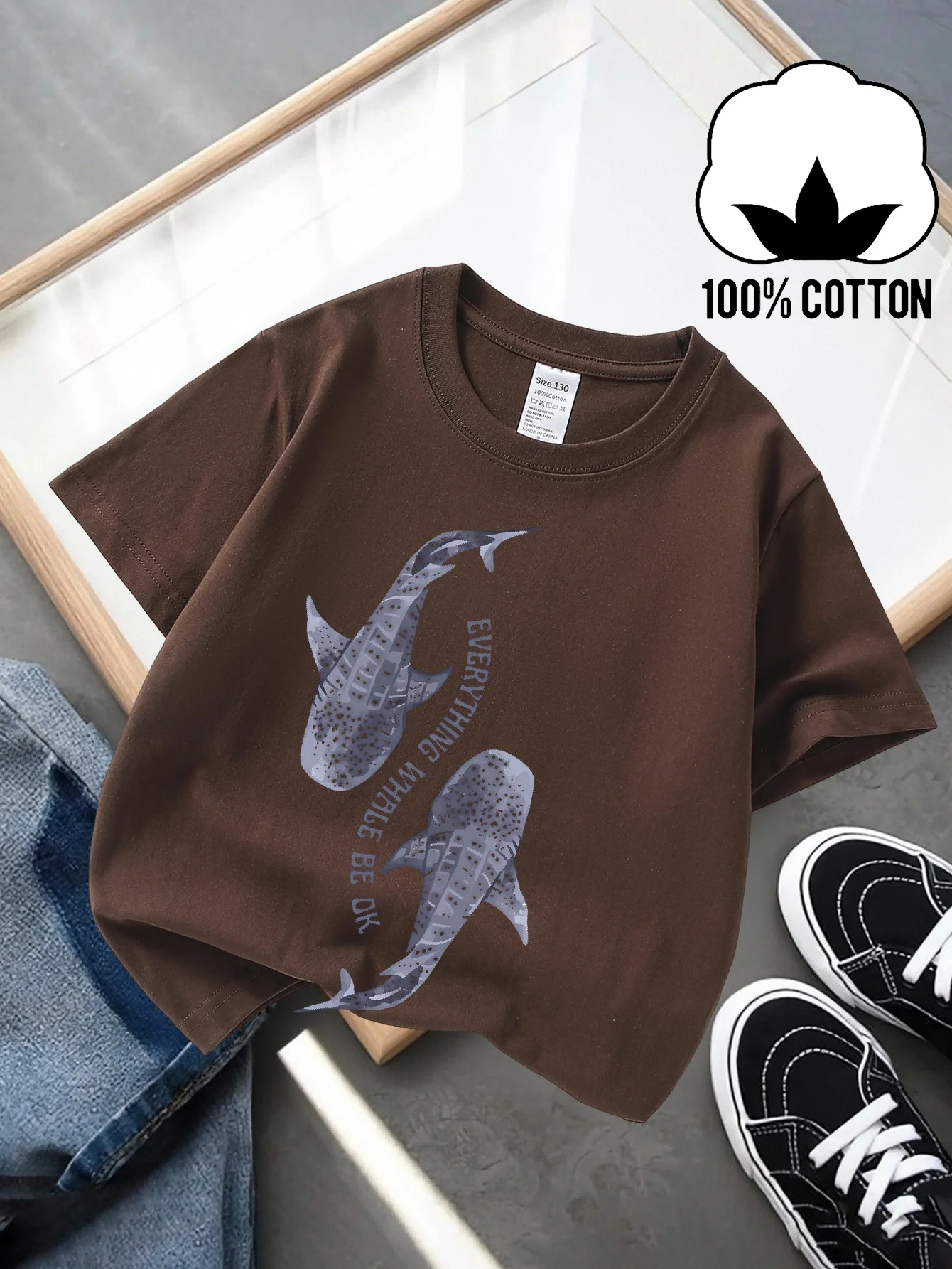 Summer Children's Fashionable Casual Short Sleeved T-shirt with Whale Shark Pattern Print Design and Round Neck Parent-child Top