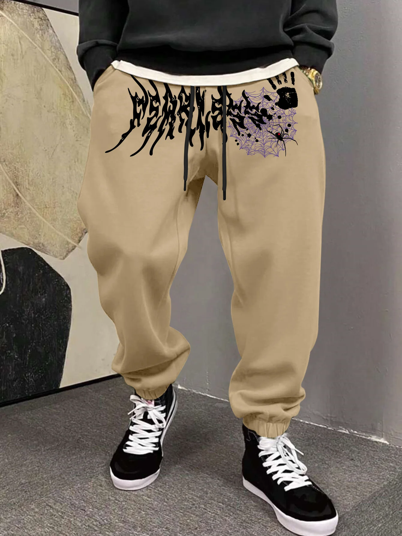 Men's Retro Dark Grunge Spider Graphic Joggers Elastic Cuff Sweatpants Popular Vintage Goth Streetwear Casual Pants