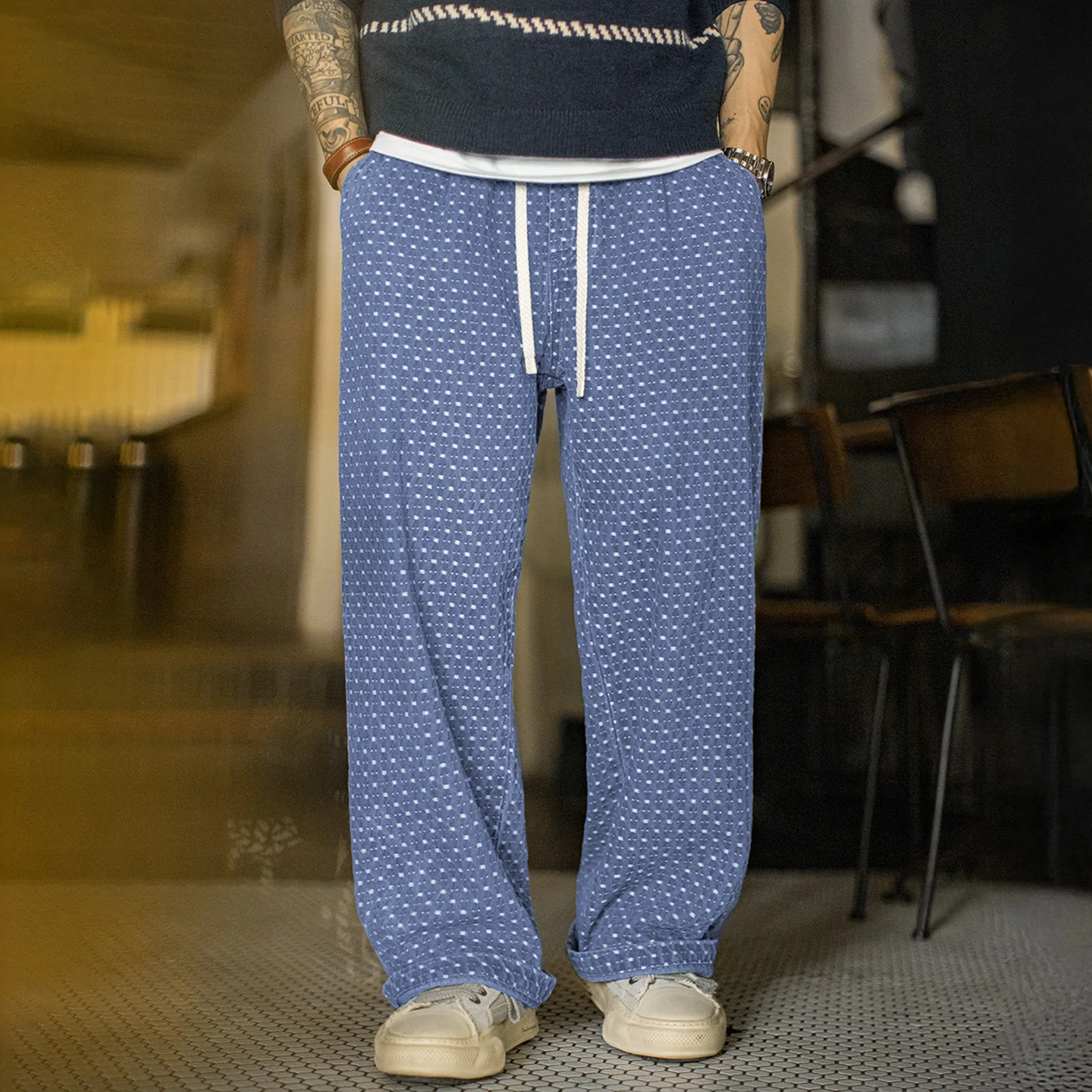 

Винтажные тяжелые потертые жаккардовые синие джинсы Maden, прямые джинсы свободного кроя, брюки с эластичной резинкой на талии и завязками на осень