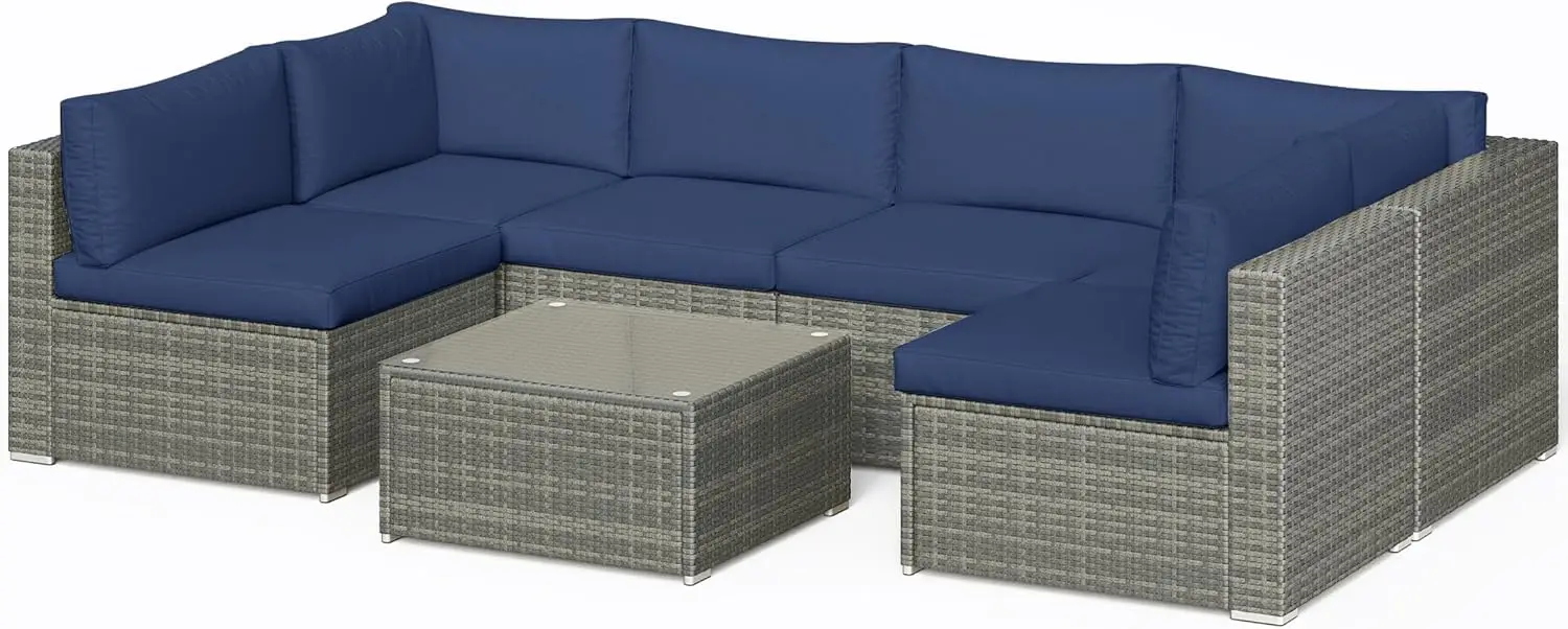 7 Piece Patio Sectional Sofa  Conversation Sofa Set with Glass Table, Removable  Cushions