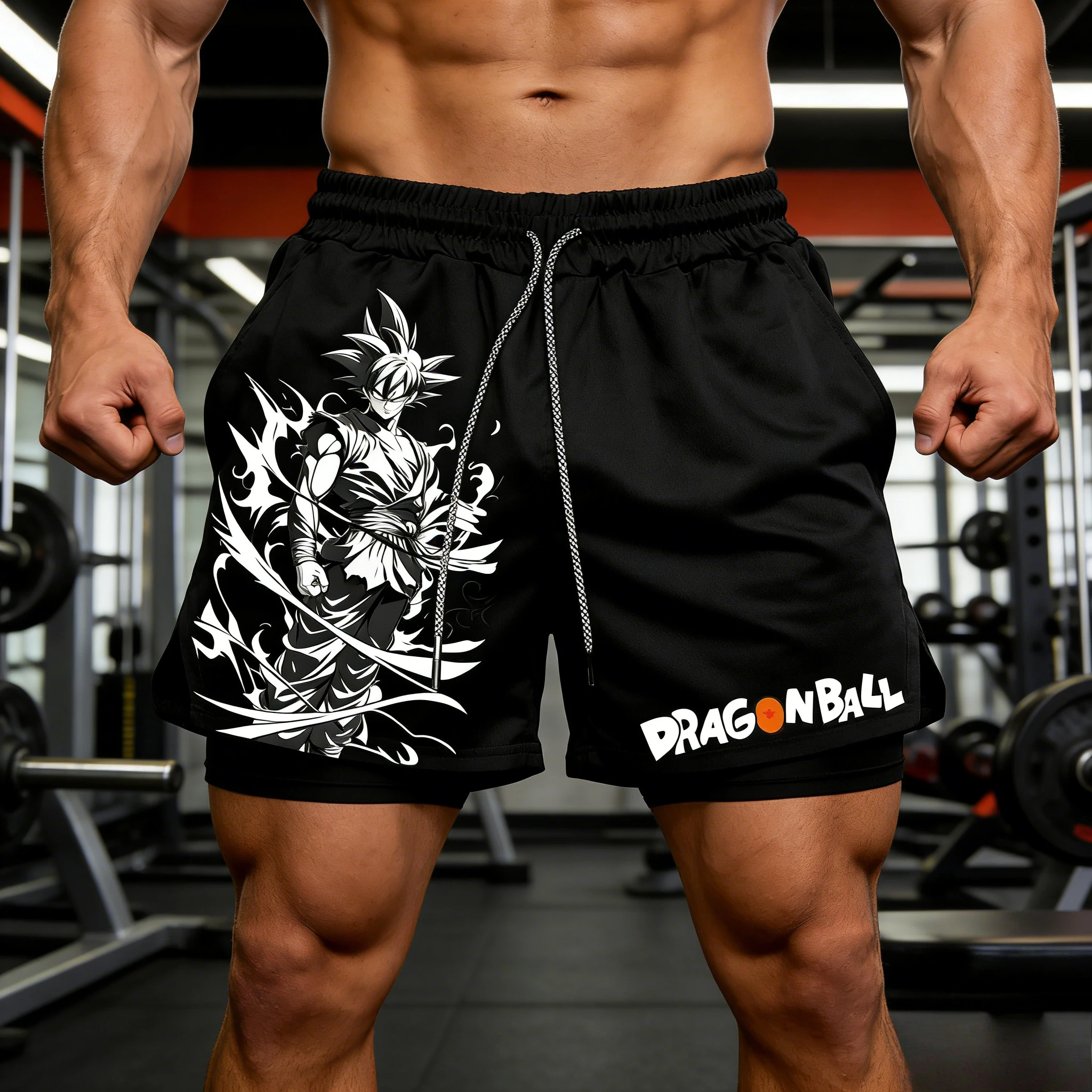 

2026 Summer Dragon Ball Ink Wash Goku & Logo Print 2-in-1 Shorts Oversized Sweat-Absorbent Fitness Streetwear Unisex