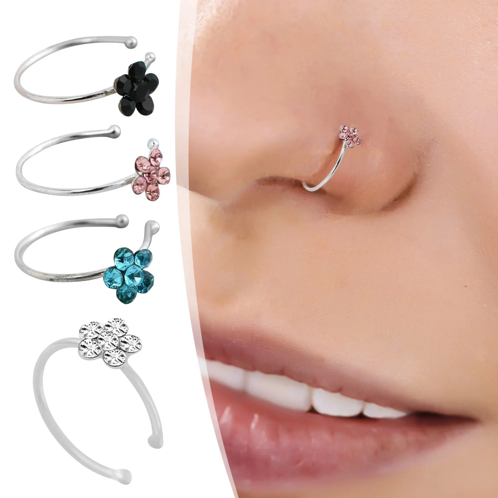 Women'S Fashion Diamond Nose Ring, No-Punch Shiny Crystal Nose Ring, Small Thin Flower Transparent Crystal Nose Ring