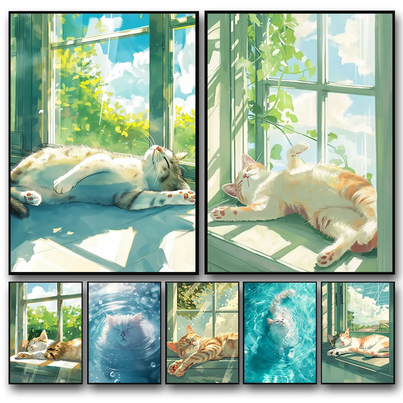 Cartoon-Poster und Leinwanddruck „Lazy Cat“ – Katze schläft auf dem Fensterbrett 2026 NEU