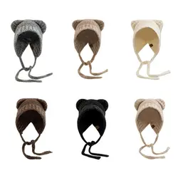 High Quality Winter Knit Hat Tie Rope Small Bear Ear Protection Caps Windproof Outdoor Warm Bonnets for Women