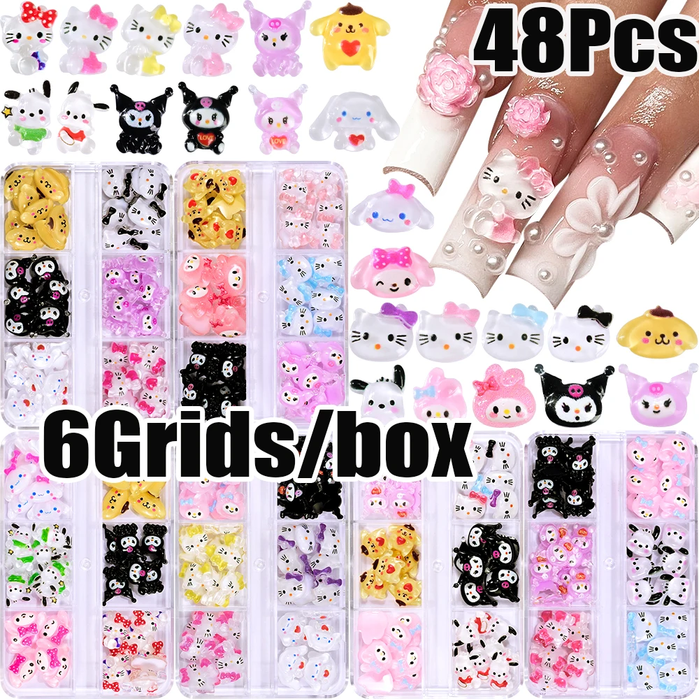 48Pcs/Box Sanrio Kuromi Hellokitty 3D Nail Charms 8-10mm Colorful Cartoot Nail Art Decoration DIY Kawaii Kuromi Manicure Parts