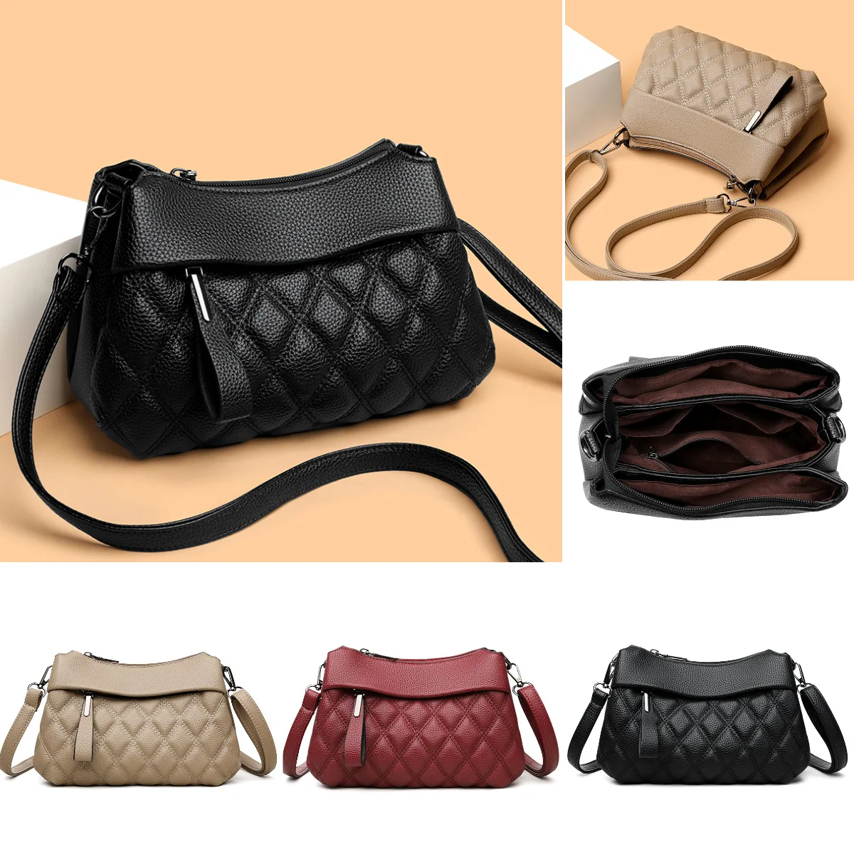 PU leather simple multi-layered single-shoulder bag for women, diamond-patterned lightweight commuter crossbody bag